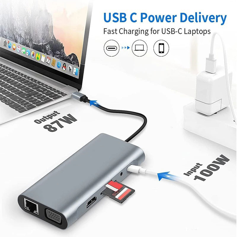 11-in-1 Type-C Docking Station USB-C Hub Adapter HD 100MB Gigabit VGA 4 USB TF/SD AUX PD Type-C Converter 11-in-1 Type-C Docking Station USB-C Hub Adapter HD 100MB Gigabit VGA 4 USB TF/SD AUX PD Type-C Converter